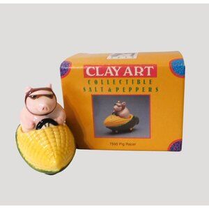 Clay Art Pig Racer Salt Pepper Shakers Vintage 1992 Corn Ceramic Collectible